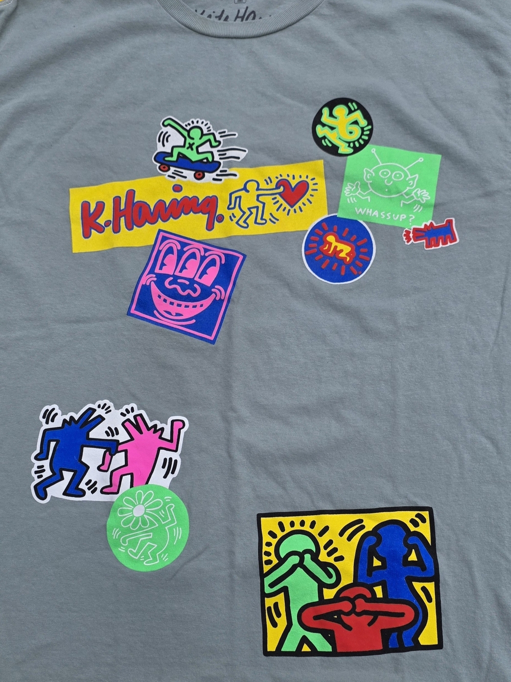K. Haring Men's Green Short Sleeve Tee with Neon Pop Graphics Size Medium